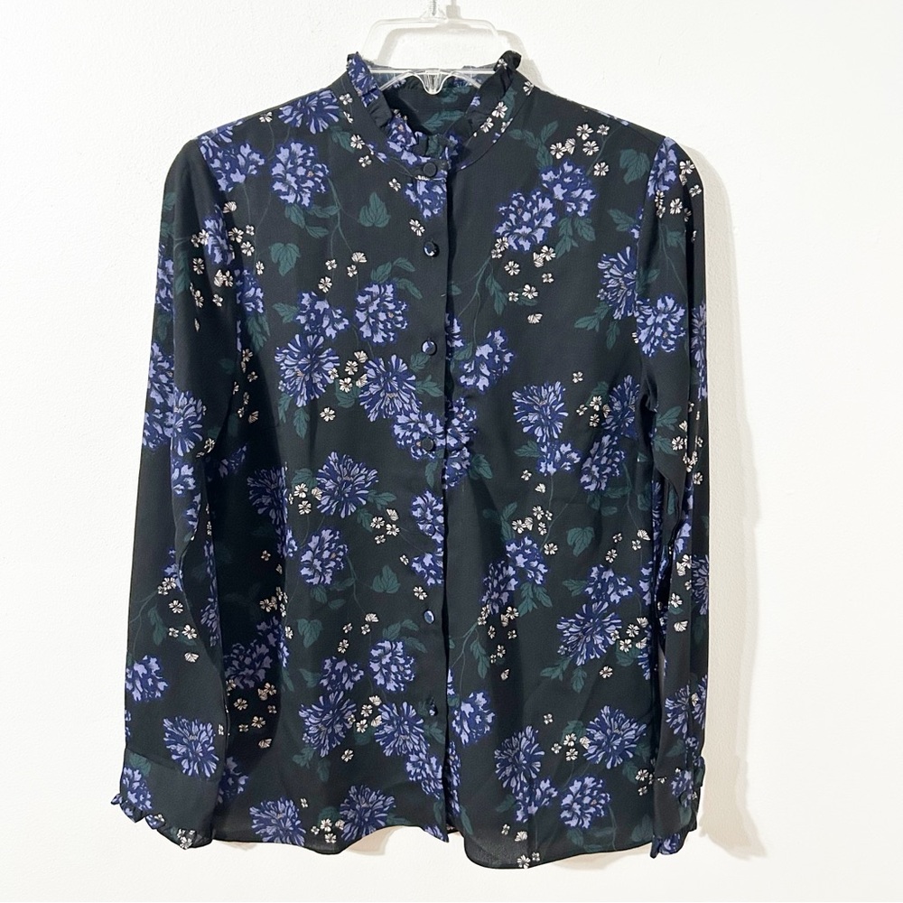 Ann Taylor Factory Covered Button Front Floral Blouse Long Sleeves Ruffle Detail
